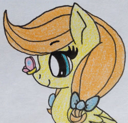 Size: 1666x1604 | Tagged: safe, artist:mercedesstar, oc, oc:buttercup, butterfly, pegasus, pony, bow, butterfly on nose, female, filly, hair bow, insect on nose, offspring, parent:big macintosh, parent:fluttershy, parents:fluttermac, pigtails, traditional art, twintails