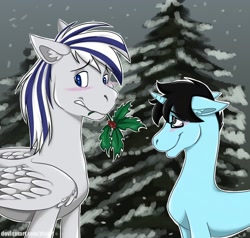 Size: 1280x1216 | Tagged: safe, anonymous artist, oc, oc only, oc:onyx diamond, oc:tinker doo, pegasus, pony, unicorn, about to kiss, blushing, christmas, glasses, happy, holiday, holly, holly mistaken for mistletoe, large wings, looking away, size difference, snow, tree, wings
