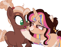 Size: 1280x990 | Tagged: safe, artist:katelynleeann42, artist:mint-light, artist:moon-rose-rosie, oc, oc only, oc:melanie (moon-rose-rosie), oc:mudd slide, earth pony, pony, unicorn, base used, blush lines, blushing, brown eyes, chest fluff, coat markings, colored pupils, duo, facial markings, female, green eyes, horn, mare, pale belly, ponysona, ponytail, simple background, snip (coat marking), socks (coat markings), star (coat marking), surprised, transparent background, unicorn oc