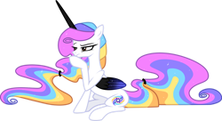 Size: 1280x696 | Tagged: safe, artist:helenosprime, oc, oc only, oc:helenos, alicorn, pony, alicorn oc, colored horn, colored wings, female, horn, mare, multicolored hair, ponytail, simple background, solo, transparent background, white fur, wings