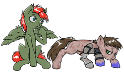 Size: 2620x1604 | Tagged: safe, artist:leastways, oc, oc:jetlag, oc:suddennotion, earth pony, ghoul, pony, undead, unicorn, fallout equestria, clothes, commission, simple background, sketch, sneaking, surprised face, teaching, transparent background