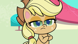 Size: 1920x1080 | Tagged: safe, screencap, applejack, earth pony, pony, g4.5, how applejack got her hat back, my little pony: pony life, applejack is not amused, bipedal, female, mare, solo, unamused