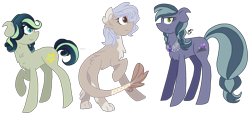 Size: 2818x1297 | Tagged: safe, artist:gallantserver, oc, oc only, oc:amethyst pie, oc:medley, oc:merry dapperpaws, earth pony, hybrid, pony, concave belly, interspecies offspring, magical lesbian spawn, offspring, parent:capper dapperpaws, parent:coloratura, parent:limestone pie, parent:rarity, parent:songbird serenade, parent:trenderhoof, parents:capperity, parents:trenderstone, simple background, transparent background