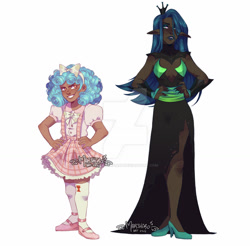 Size: 1280x1262 | Tagged: dead source, safe, artist:marshiroart, cozy glow, queen chrysalis, human, g4, alternate hairstyle, bow, clothes, dark skin, dress, duo, elf ears, eyeshadow, fangs, female, flats, freckles, grin, hair bow, high heels, humanized, lipstick, makeup, moderate dark skin, nail polish, shoes, simple background, skirt, smiling, stockings, thigh highs, white background