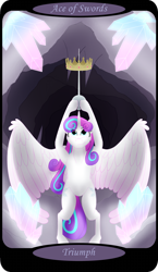 Size: 1500x2591 | Tagged: safe, artist:sixes&sevens, part of a set, princess flurry heart, alicorn, pony, g4, ace of swords, bipedal, cave, crown, crystal, female, glowing crystals, jewelry, minor arcana, older, older flurry heart, rapier, reaching up, regalia, solo, sword, tarot card, weapon, wings