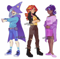 Size: 1280x1262 | Tagged: dead source, safe, artist:marshiroart, starlight glimmer, sunset shimmer, trixie, human, g4, alternate hairstyle, badge, belt, bisexual pride flag, boots, cape, clothes, coat, converse, crossed arms, dark skin, ear piercing, earring, female, flats, freckles, hat, humanized, jacket, jeans, jewelry, leather jacket, magical trio, necklace, one eye closed, open mouth, pants, peppered bacon, piercing, pride, pride flag, ripped jeans, ripped pants, shirt, shoes, shorts, socks, striped socks, sweater, t-shirt, torn clothes, trio, trixie's cape, trixie's hat, wink