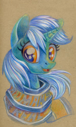 Size: 656x1100 | Tagged: safe, artist:maytee, lyra heartstrings, pony, unicorn, g4, bust, clothes, colored pencil drawing, poncho, portrait, scarf, smiling, solo, that pony sure does love humans, traditional art
