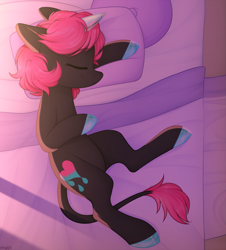 Size: 993x1100 | Tagged: safe, artist:higglytownhero, oc, oc only, oc:cursed affection, pony, unicorn, bed, eyes closed, female, sleeping, solo