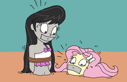 Size: 2014x1294 | Tagged: safe, artist:bugssonicx, fluttershy, octavia melody, human, equestria girls, g4, arm behind back, belly button, bikini, bikini top, bondage, bound and gagged, clothes, damsel in distress, duo, duo female, female, femsub, gag, help us, peril, quicksand, rope, rope bondage, submissive, sweat, sweatdrop, swimsuit, tape, tape gag, tears of fear, teary eyes, tied up