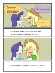 Size: 1620x2160 | Tagged: safe, artist:haibaratomoe, part of a set, applejack, rarity, equestria girls, equestria girls series, g4, applejack's hat, cowboy hat, eyes closed, freckles, hat, implied lesbian, implied rarijack, implied shipping, open mouth, phone, school, solo, speech bubble