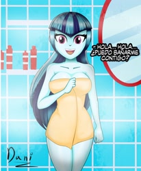 Size: 2120x2576 | Tagged: safe, artist:danielitamlp, sonata dusk, equestria girls, g4, adorasexy, bathroom, big breasts, breasts, busty sonata dusk, cleavage, cute, female, high res, looking at you, mirror, naked towel, open mouth, question, sexy, smiling, solo, spanish, steam, talking to viewer, towel, translated in the description