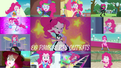 Size: 1280x720 | Tagged: safe, edit, edited screencap, editor:quoterific, screencap, applejack, pinkie pie, cheer you on, coinky-dink world, equestria girls, equestria girls specials, friendship through the ages, g4, guitar centered, i'm on a yacht, my little pony equestria girls: better together, my little pony equestria girls: dance magic, my little pony equestria girls: forgotten friendship, my little pony equestria girls: friendship games, my little pony equestria girls: rainbow rocks, my little pony equestria girls: rollercoaster of friendship, my little pony equestria girls: summertime shorts, my little pony equestria girls: sunset's backstage pass, pinkie spy (short), shake your tail, the canterlot movie club, the salty sails, belt, clothes, collage, cute, cutie mark, cutie mark on clothes, dance magic (song), denim skirt, diapinkes, drums, drumsticks, eyes closed, female, flashlight (object), geode of sugar bombs, glasses, goggles, heart shaped glasses, jewelry, looking at you, magical geodes, music festival outfit, musical instrument, necklace, one eye closed, one-piece swimsuit, open mouth, ponied up, rapper pie, skirt, smiling, superhero, swimsuit