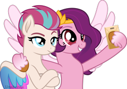 Size: 5001x3500 | Tagged: safe, artist:limedazzle, pipp petals, zipp storm, pegasus, pony, g4, g5, absurd resolution, blue eyes, cellphone, crossed hooves, cute, duo, duo female, female, g5 to g4, generation leap, mare, phone, red eyes, red-eyed pipp, royal sisters (g5), selfie, siblings, simple background, sisters, smartphone, that pony sure does love phones, transparent background, vector, wrong eye color, zipp storm is not amused