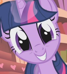 Size: 630x700 | Tagged: safe, edit, edited screencap, screencap, twilight sparkle, pony, unicorn, g4, look before you sleep, cute, female, golden oaks library, grin, hi anon, looking at you, mare, meme, smiling, solo, teeth, twiabetes, unicorn twilight