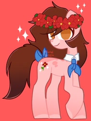 Size: 1734x2290 | Tagged: safe, artist:softpound, oc, oc only, earth pony, pony, bow, floral head wreath, flower, looking at you, necktie, smiling, solo, sparkles, tail bow