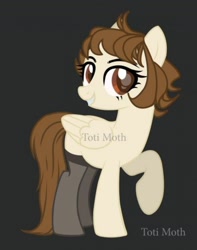 Size: 1280x1626 | Tagged: safe, artist:toti_moth, oc, oc only, pegasus, pony, black stockings, brown mane, clothes, cute, female, folded wings, looking at you, mare, raised hoof, stockings, thigh highs, wings