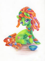 Size: 893x1200 | Tagged: safe, artist:maytee, tree hugger, earth pony, pony, g4, alternate hairstyle, bowl, bracelet, colored pencil drawing, female, jewelry, looking at you, mare, necklace, raised hoof, sitting, smiling, solo, traditional art