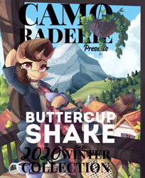 Size: 3260x4000 | Tagged: safe, alternate version, artist:saxopi, oc, oc only, oc:buttercup shake, pony, unicorn, clothes, cup, house, looking at you, mountain, pants, scarf, scenery, sitting, solo, table, teacup