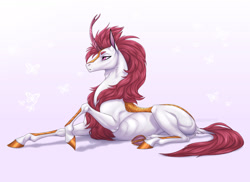 Size: 1920x1397 | Tagged: safe, artist:dementra369, oc, oc only, oc:shining frost, kirin, pony, cloven hooves, concave belly, curved horn, fit, hooves, horn, kirin oc, lying down, male, muscles, prone, quadrupedal, ribs, slender, tail, thin, unshorn fetlocks