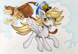 Size: 900x633 | Tagged: safe, artist:asimos, derpy hooves, pegasus, pony, g4, ear fluff, female, flying, hat, mail, mailbag, mailmare, mare, open mouth, solo, spread wings, traditional art, wings