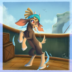 Size: 1280x1280 | Tagged: safe, artist:vitriccitrus, shanty (tfh), bird, goat, seagull, them's fightin' herds, bandana, bipedal, cloven hooves, community related, crate, female, pirate ship, raised hooves, ship, the capricorn (tfh), torn ear