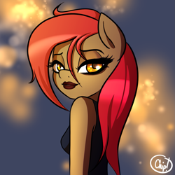 Size: 1333x1333 | Tagged: safe, artist:plaguemare, oc, oc only, oc:dala vault, earth pony, anthro, bedroom eyes, clothes, eyelashes, female, glowing eyes, leotard, lipstick, looking at you, makeup, mare, red mane, solo