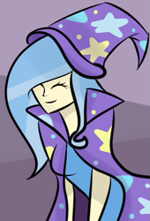Size: 407x600 | Tagged: artist needed, source needed, safe, trixie, human, g4, cape, clothes, eyes closed, hat, humanized, smiling, trixie's cape, trixie's hat