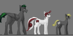 Size: 709x348 | Tagged: safe, artist:nsilverdraws, artist:queen-razlad, oc, oc only, oc:razlad, oc:trestle, oc:villainshima, earth pony, pegasus, pony, unicorn, disguise, disguised changeling, helix horn, horn, reference, reference sheet, simple background, size comparison, size difference