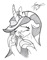 Size: 826x1054 | Tagged: safe, artist:perpendicular white, applejack, twilight sparkle, alicorn, pony, g4, the last problem, appletini, duo, grayscale, kicking, micro, monochrome, nasal vore, older, older twilight, older twilight sparkle (alicorn), princess twilight 2.0, size difference, sketch, spell gone wrong, struggling, traditional art, twilight sparkle (alicorn), twipred, vore, wat, what has magic done