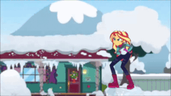 Size: 800x450 | Tagged: safe, screencap, applejack, sunset shimmer, equestria girls, equestria girls specials, g4, my little pony equestria girls: better together, my little pony equestria girls: holidays unwrapped, saving pinkie's pie, animated, badass, boots, clothes, female, flag, gif, gloves, shoes, slow motion, snow, snowball, snowball fight, throwing
