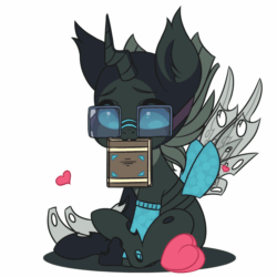 Size: 1080x1080 | Tagged: safe, artist:yomechka, oc, oc only, oc:tarsi, changeling, animated, book, changeling oc, clothes, commission, glasses, heart, horn, mouth hold, pillow, solo, tail wag, wings, ych animation, ych result
