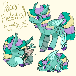Size: 1080x1080 | Tagged: safe, artist:spaceoreosxoxo, oc, oc only, oc:paper fiesta, dog, pegasus, pony, amputee, eyes closed, happy, prosthetic leg, prosthetic limb, prosthetics, smiling, solo, spread wings, wavy mouth, wings