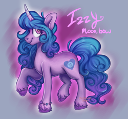 Size: 1903x1767 | Tagged: safe, artist:thegrinningreaper09, izzy moonbow, pony, unicorn, g5, bracelet, cute, female, hoof fluff, izzybetes, jewelry, looking at you, mare, raised hoof, smiling, solo, unshorn fetlocks