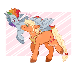 Size: 1581x1397 | Tagged: safe, artist:xeruali, applejack, rainbow dash, earth pony, pegasus, pony, g4, braid, clothes, colored hooves, female, flying, implied appledash, implied lesbian, implied shipping, lesbian, looking up, mare, older, older applejack, older rainbow dash, scarf, ship:appledash, shipping, unshorn fetlocks