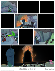 Size: 1200x1552 | Tagged: safe, artist:deusexequus, pinkie pie, queen chrysalis, twilight sparkle, oc, oc:star spark, alicorn, changeling, changeling queen, earth pony, pony, comic:fix, g4, burned, burning, comic, crying, eyes closed, female, fire, floppy ears, smoke