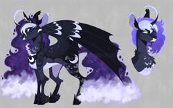 Size: 1280x801 | Tagged: safe, artist:wanderingpegasus, princess luna, alicorn, bat pony, bat pony alicorn, pony, g4, alternate design, alternate hairstyle, bat ponified, bat wings, chest fluff, crown, curved horn, ear tufts, ethereal mane, feathered fetlocks, female, freckles, gray background, grin, hoof shoes, horn, hybrid wings, jewelry, mare, markings, pale belly, race swap, redesign, regalia, simple background, smiling, solo, starry mane, wings