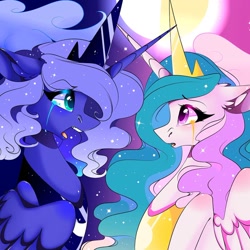 Size: 1080x1079 | Tagged: safe, artist:tessa_key_, princess celestia, princess luna, alicorn, pony, g4, bust, crying, duo, ear fluff, eyelashes, female, horn, jewelry, open mouth, peytral, siblings, sisters, tiara, wings