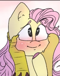 Size: 759x947 | Tagged: safe, artist:cocolove2176, discord, fluttershy, draconequus, pegasus, pony, g4, blushing, cheek squish, colored hooves, cropped, female, floppy ears, male, male pov, mare, offscreen character, pov, ship:discoshy, shipping, smiling, squishy cheeks, straight
