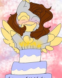 Size: 540x676 | Tagged: safe, artist:cocolove2176, oc, oc only, pegasus, pony, abstract background, birthday cake, blushing, bust, cake, eyes closed, female, food, mare, pegasus oc, smiling, solo