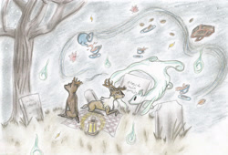 Size: 2965x2022 | Tagged: safe, artist:cindertale, oc, oc only, oc:petra, deer, ghost, ghost pony, antlers, deer oc, flying, high res, outdoors, picnic, traditional art, tree