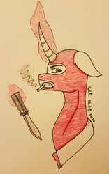 Size: 1994x3191 | Tagged: safe, artist:agdapl, pony, unicorn, cigarette, clothes, crossover, glowing horn, horn, knife, magic, male, mask, ponified, signature, smoking, solo, spy, spy (tf2), stallion, team fortress 2, telekinesis, traditional art