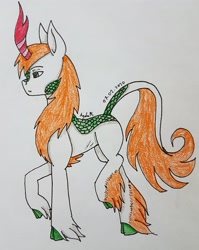 Size: 2343x2949 | Tagged: safe, artist:agdapl, oc, oc only, kirin, cloven hooves, high res, hoof fluff, horn, kirin oc, leonine tail, raised hoof, signature, traditional art