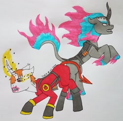 Size: 2929x2883 | Tagged: safe, artist:agdapl, kirin, nirik, pony, unicorn, boots, clothes, crossover, duo, glowing horn, high res, horn, magic, pyro (tf2), rearing, shoes, signature, team fortress 2, telekinesis, traditional art