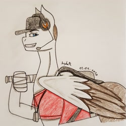 Size: 2857x2857 | Tagged: safe, artist:agdapl, pegasus, pony, baseball bat, bust, clothes, crossover, dog tags, grin, headset, high res, hoof hold, male, ponified, scout (tf2), signature, smiling, solo, stallion, team fortress 2, traditional art, two toned wings, wings