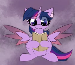 Size: 2300x2000 | Tagged: safe, artist:jubyskylines, twilight sparkle, alicorn, pony, g4, :3, book, colored wings, colored wingtips, cute, ear fluff, female, high res, mare, reading, sitting, smiling, solo, spread wings, twiabetes, twilight sparkle (alicorn), weapons-grade cute, wings