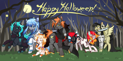 Size: 2600x1300 | Tagged: safe, artist:lavvythejackalope, oc, oc only, pony, unicorn, clothes, costume, female, full moon, happy halloween, horn, male, mare, moon, mouth hold, night, op is a slowpoke, outdoors, stallion, tree, unicorn oc