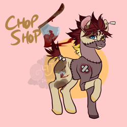 Size: 900x900 | Tagged: safe, artist:lavvythejackalope, oc, oc only, earth pony, pony, abstract background, blood, earth pony oc, grin, raised hoof, smiling, stitched body, stitches
