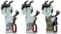 Size: 2068x1180 | Tagged: safe, artist:bluedinoadopts, oc, oc only, oc:oak feathers, hengstwolf, original species, pegasus, pony, timber pony, timber wolf, werewolf, camouflage, clothes, colored sclera, ear piercing, earring, hoodie, jewelry, male, piercing, scar, shorts, simple background, solo, stallion, tattoo, transparent background