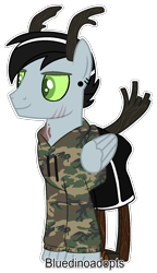 Size: 860x1498 | Tagged: safe, artist:bluedinoadopts, oc, oc only, oc:oak feathers, hengstwolf, original species, pegasus, pony, timber pony, timber wolf, werewolf, camouflage, clothes, colored sclera, ear piercing, earring, hoodie, jewelry, male, piercing, scar, shorts, simple background, solo, stallion, tattoo, transparent background, unmoving plaid