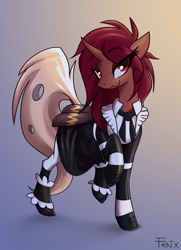 Size: 3992x5523 | Tagged: safe, artist:fenixdust, oc, oc only, oc:flechette, changeling, moth, mothling, original species, clothes, eye clipping through hair, female, lidded eyes, looking at you, maid, raised hoof, red changeling, skirt, solo
